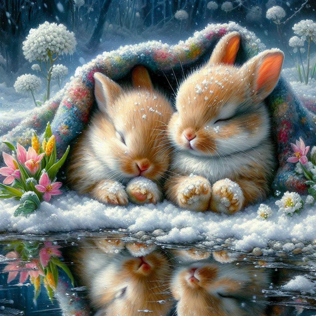 cute little sleepy bunnies in the snow