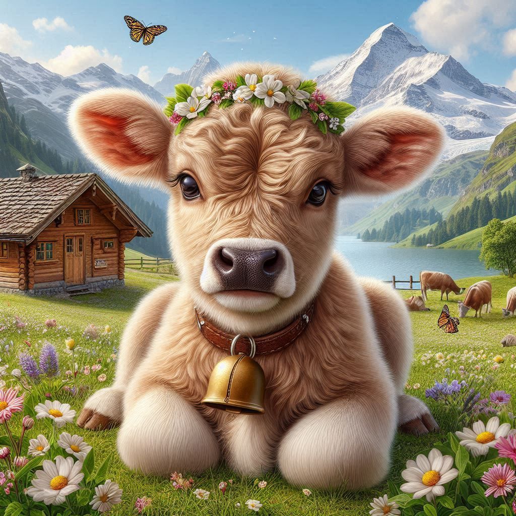 Cute Fluffy Swiss cow in Swiss mountains scene