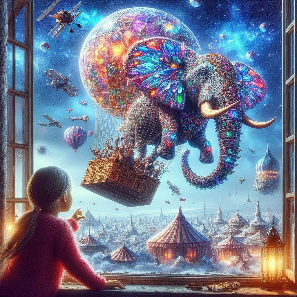 A little girl looks out her window and sees An adorable futuristic crystal hot air balloon worn by an African Elephant decorated with things...