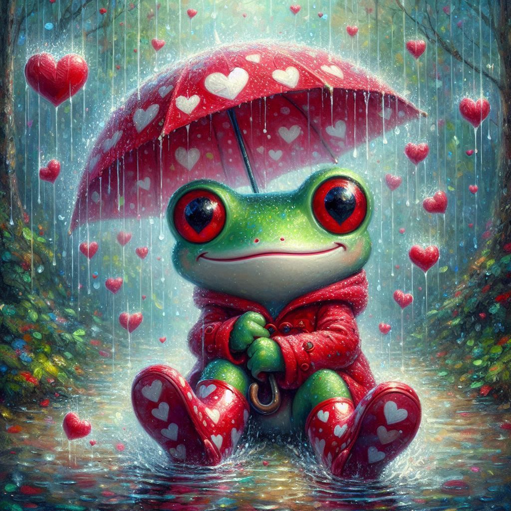 full-length Oil paint splatter Whimsical painterly fantasy artistic painting: cute anthropomorphic smiling Frog, big red eyes, sits on floor...