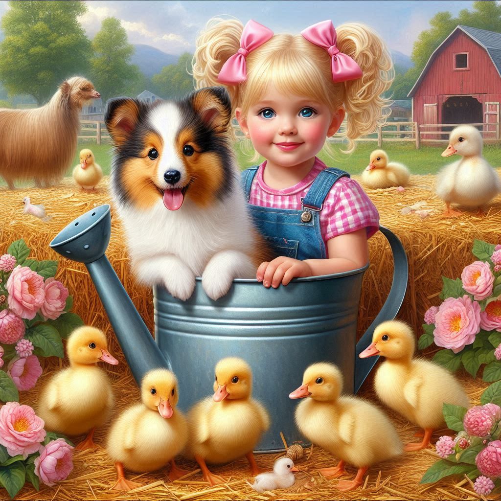 a very small, cute sheltie sits inside a watering can, surrounded by pretty flowers. Behind him, a little toddler girl, blonde curly hair in...