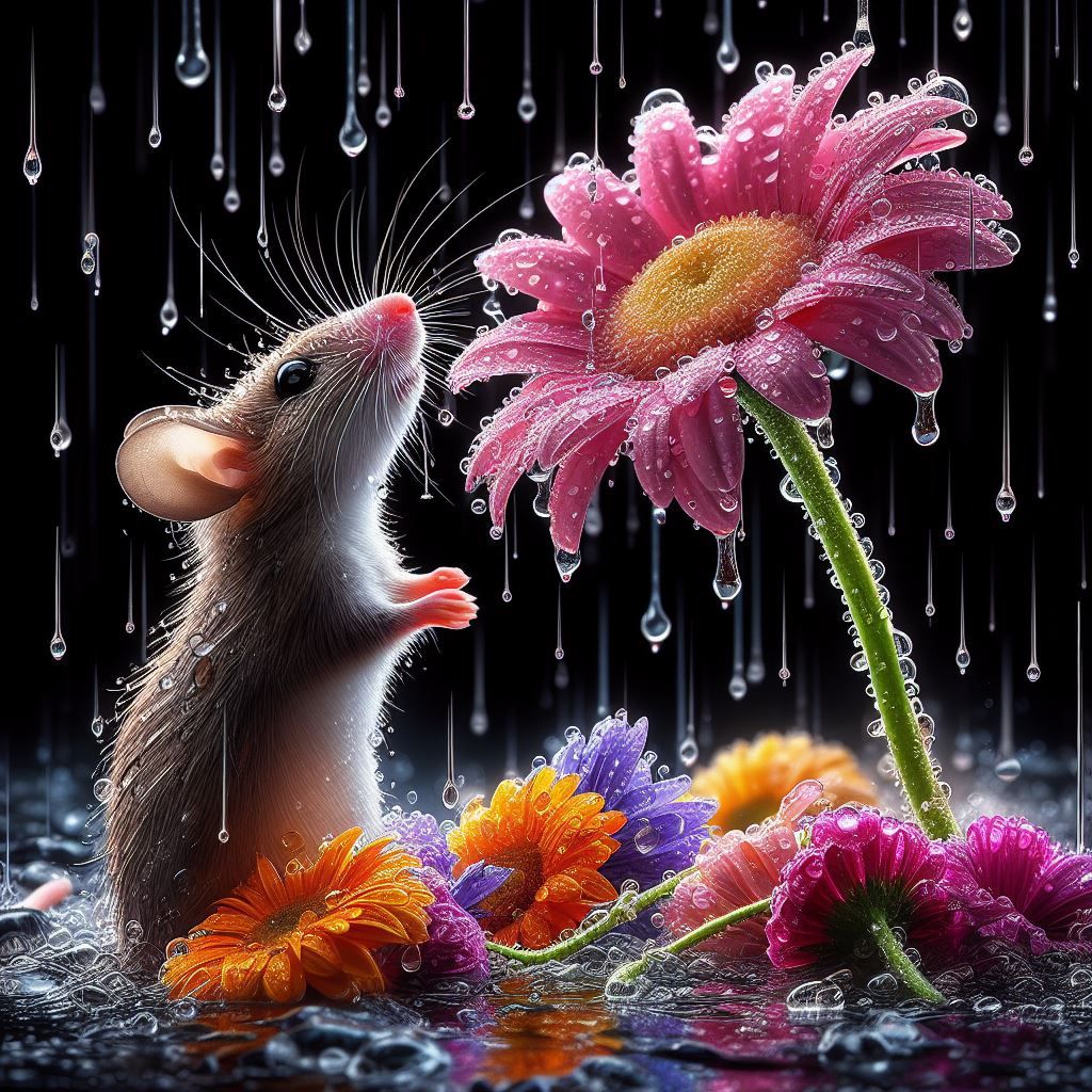 create a high definition image of raining scenery where a mice is under a flower soaking wet in a crystal style art mice is looking up the r...