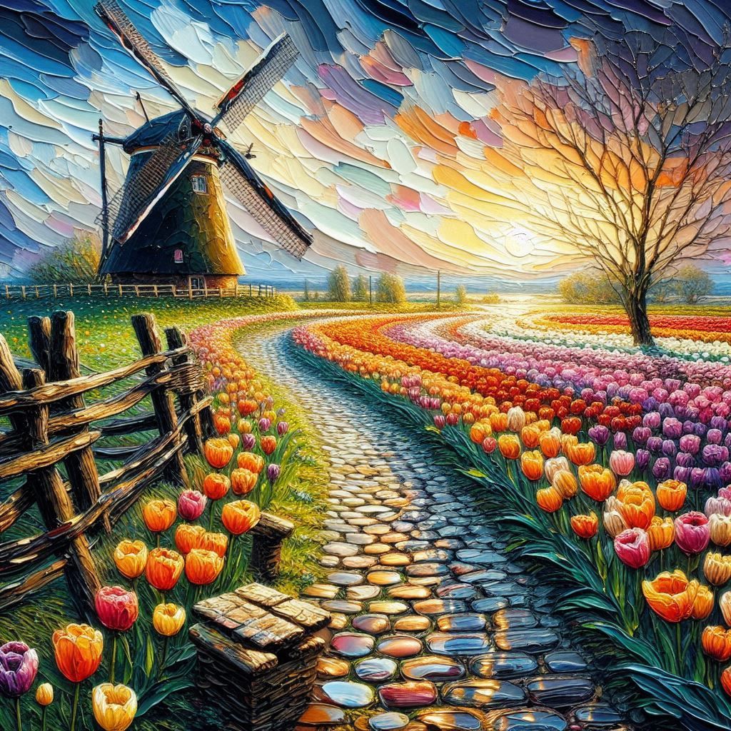 encaustic paint, dripping wet paint, monet brush strokes, a windmill stands in a beautiful field surrounded by Tulips of many different colo...