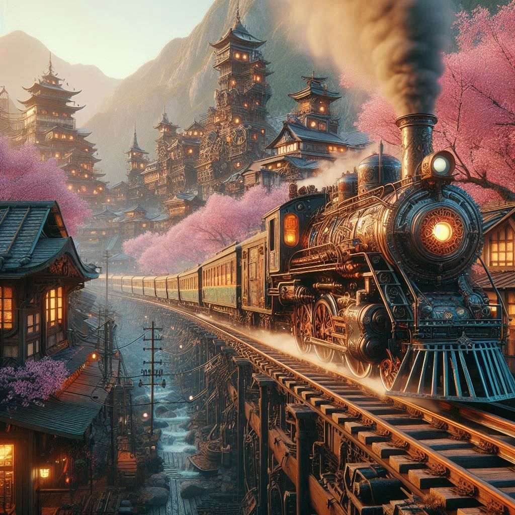 steampunk train traveling through steampunk Japan. intricate detail. hyperdetailed. hyperrealistic. sakura trees, japanese village, mountain...