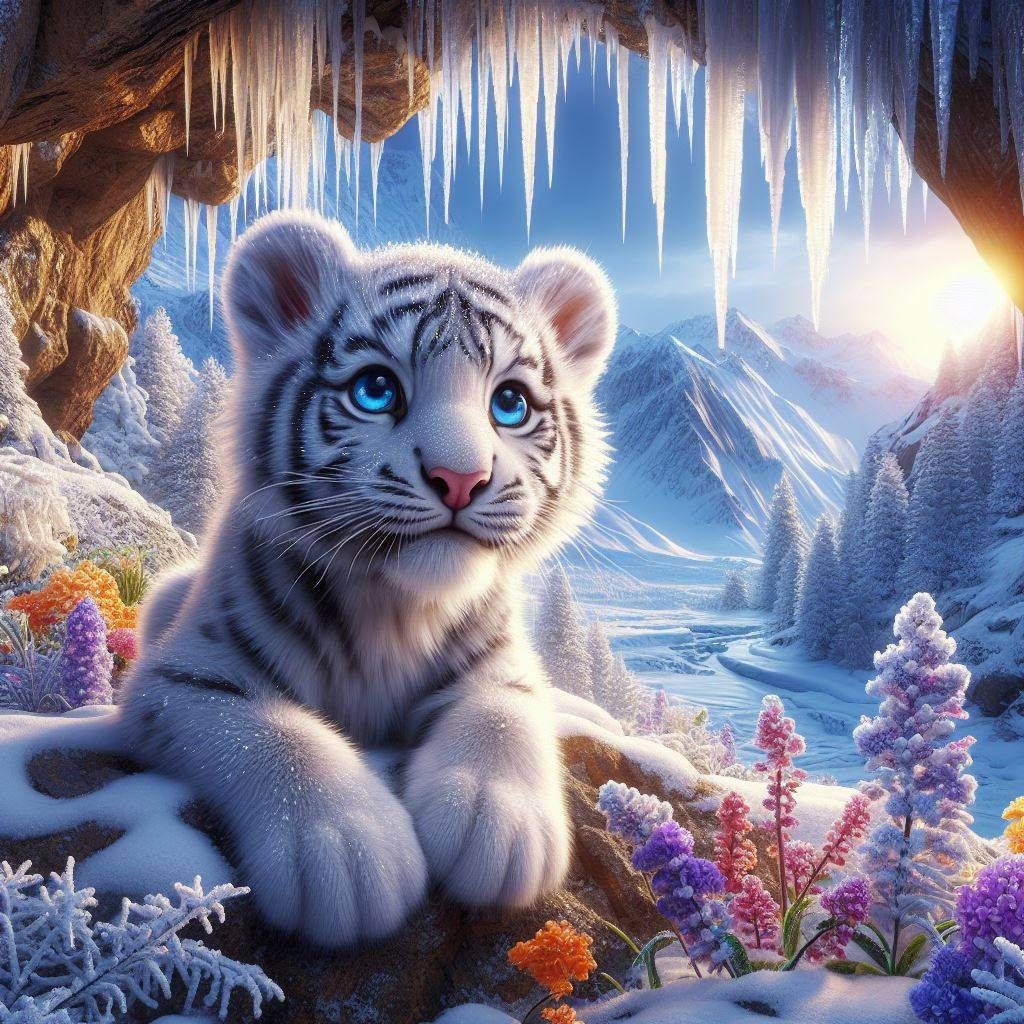 3D create a high definition image of a snowy landscape with a white tiger cub with BIG BRIGHT BLUE EYES clearly in focus and well lit, wet,...