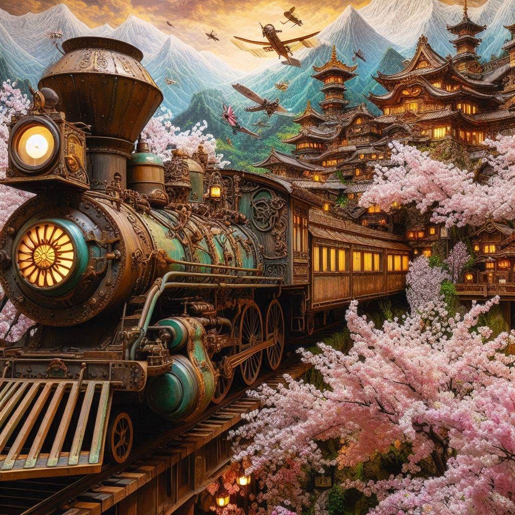 steampunk train traveling through steampunk Japan. intricate detail. sakura trees, mountain view. beautiful lighting. very colorful. bright....