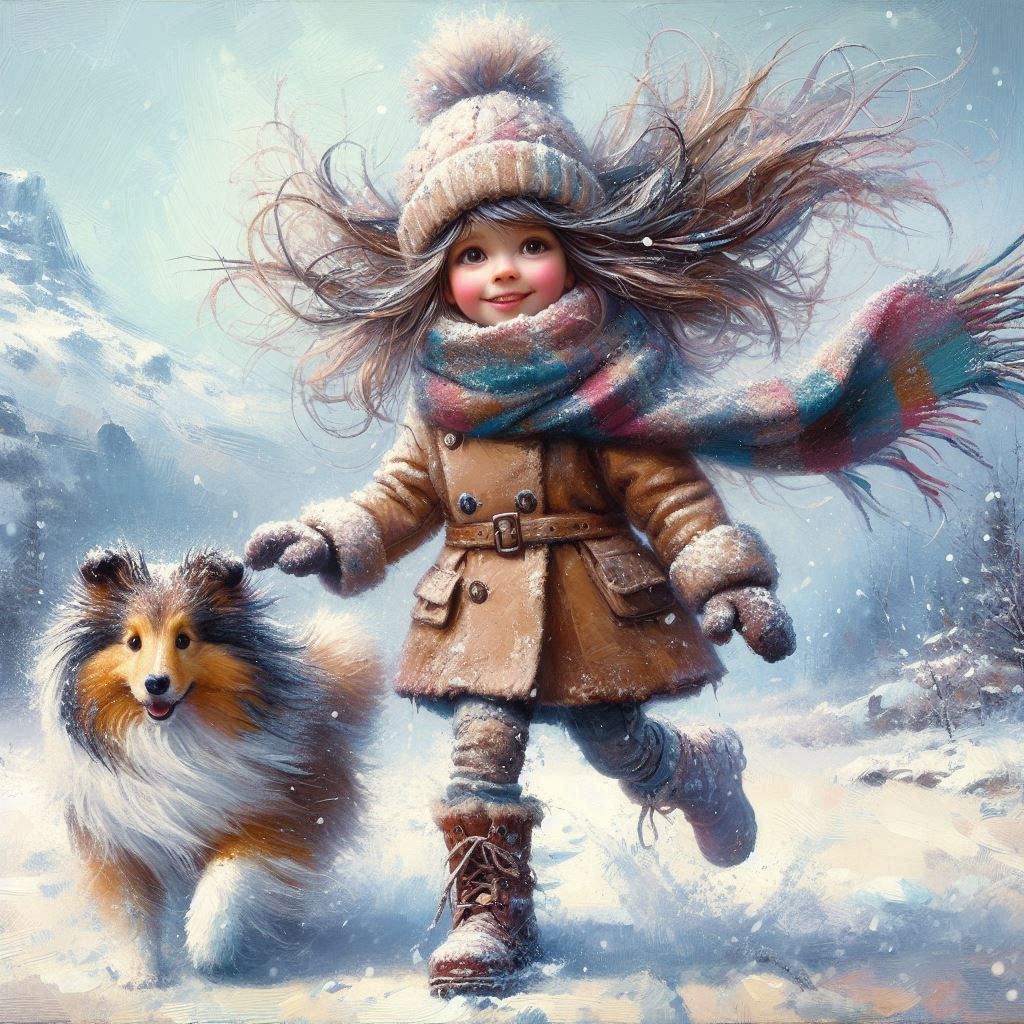 create an oil paint splatter whimsical scruffy looking little girl with long windswept messy brown hair, wearing winter coat, wooly hat, sca...