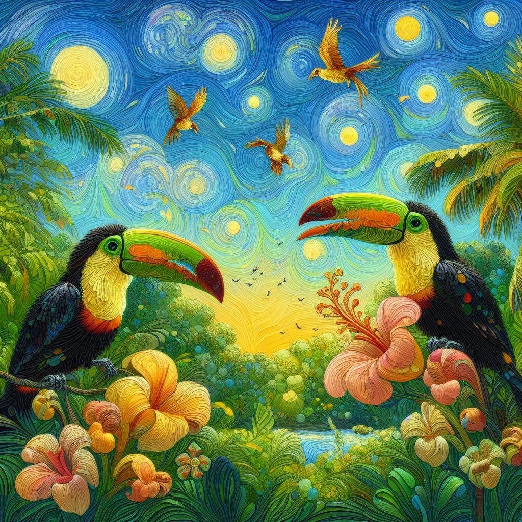 Small, vibrant tropical flowers styled in ebru art in a lush green landscape. Two whimsical, scruffy toucans hover near separate blossoms, e...