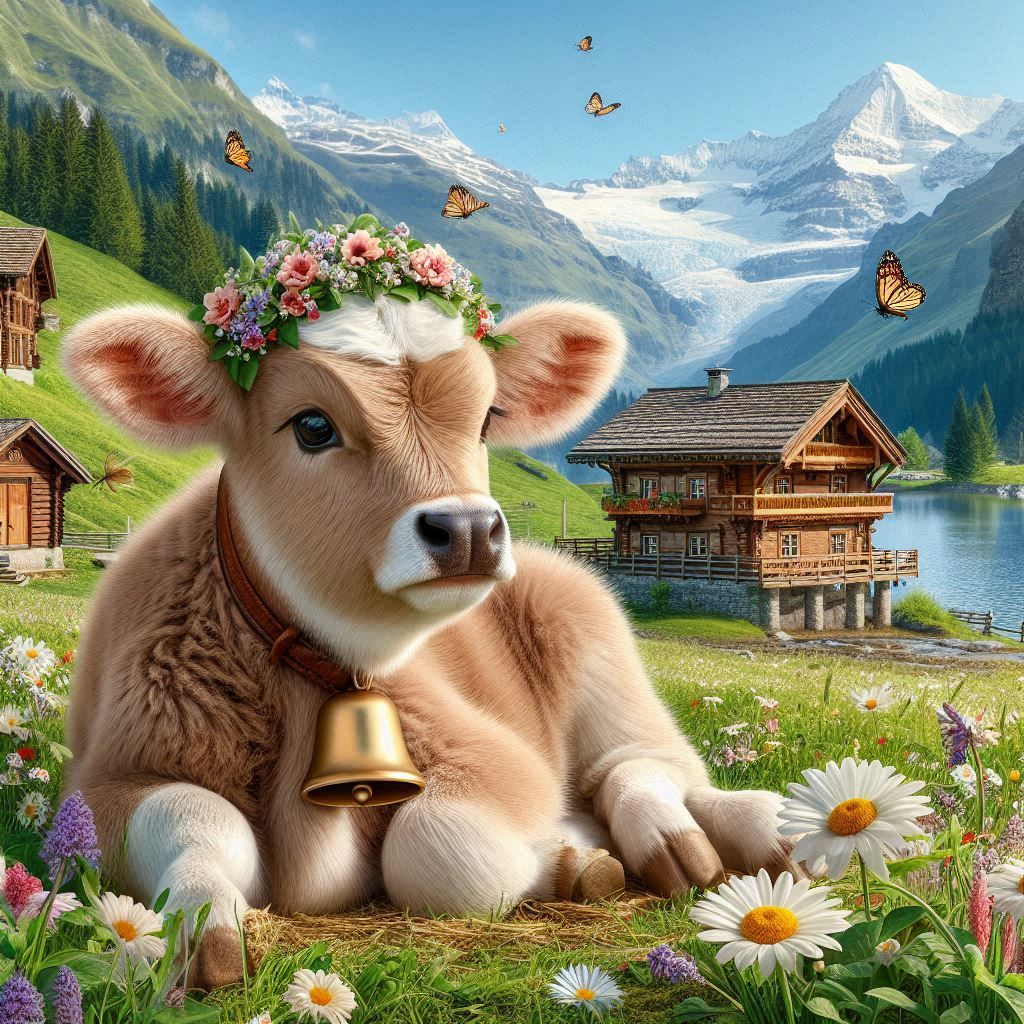 Swiss baby cow in Alpine meadow