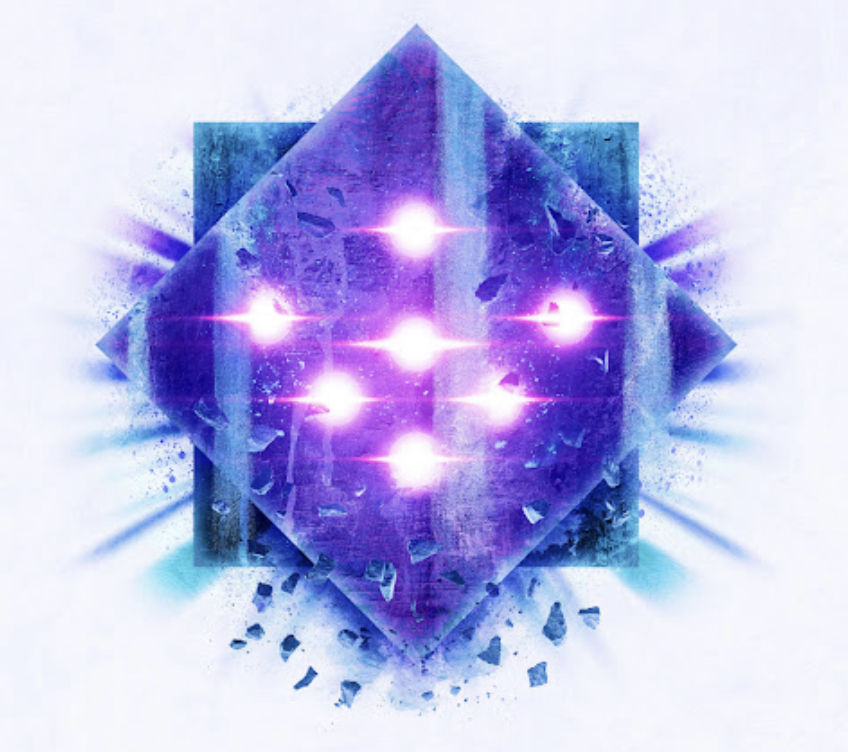 A giant golem made out of purple crystal with an octogram-shaped head, 7 glowing eyes, two arms, two legs, and a torso. 8k resolution concep...