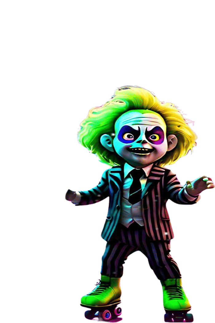 Exuberant kid in a vibrant Beetlejuice costume, sporting a striped suit and pomaded hair, glides effortlessly on roller skates in a retro-fu...