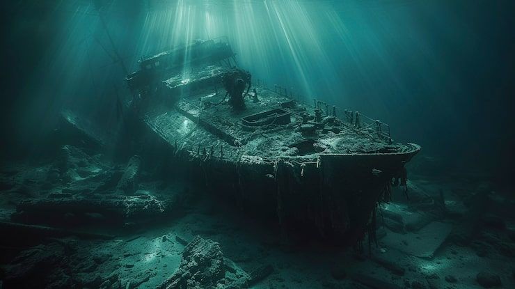 A sunken ship resting on the ocean floor