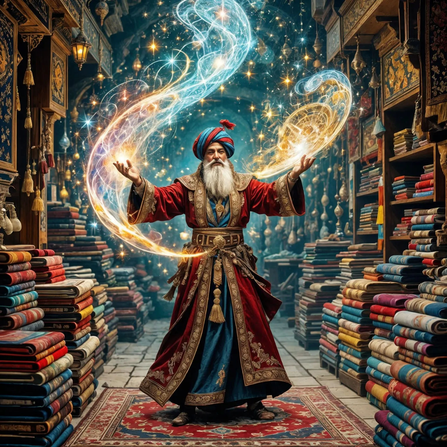 A Persian magician of the 12th century creating magic flying carpets with his spells inside their flying carpet shop.