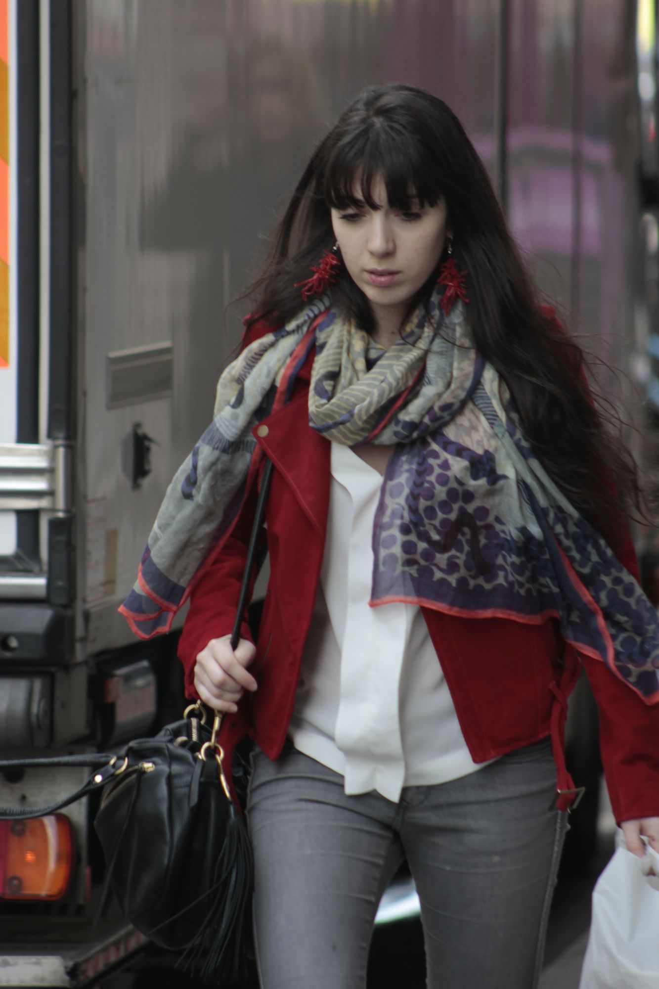 pretty woman, black hair, red jacket, gray scarf, walking in the street / Epic cinematic brilliant stunning intricate meticulously detailed...