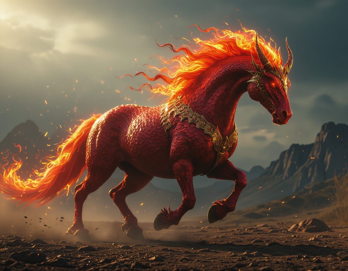 Cinematic close-up of a mythical hybrid of a flaming horse and a red dragon. The creature rears up on its hind legs, spr...