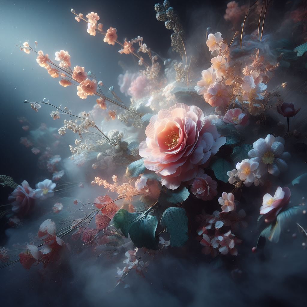 Amidst mist-kissed blooms...