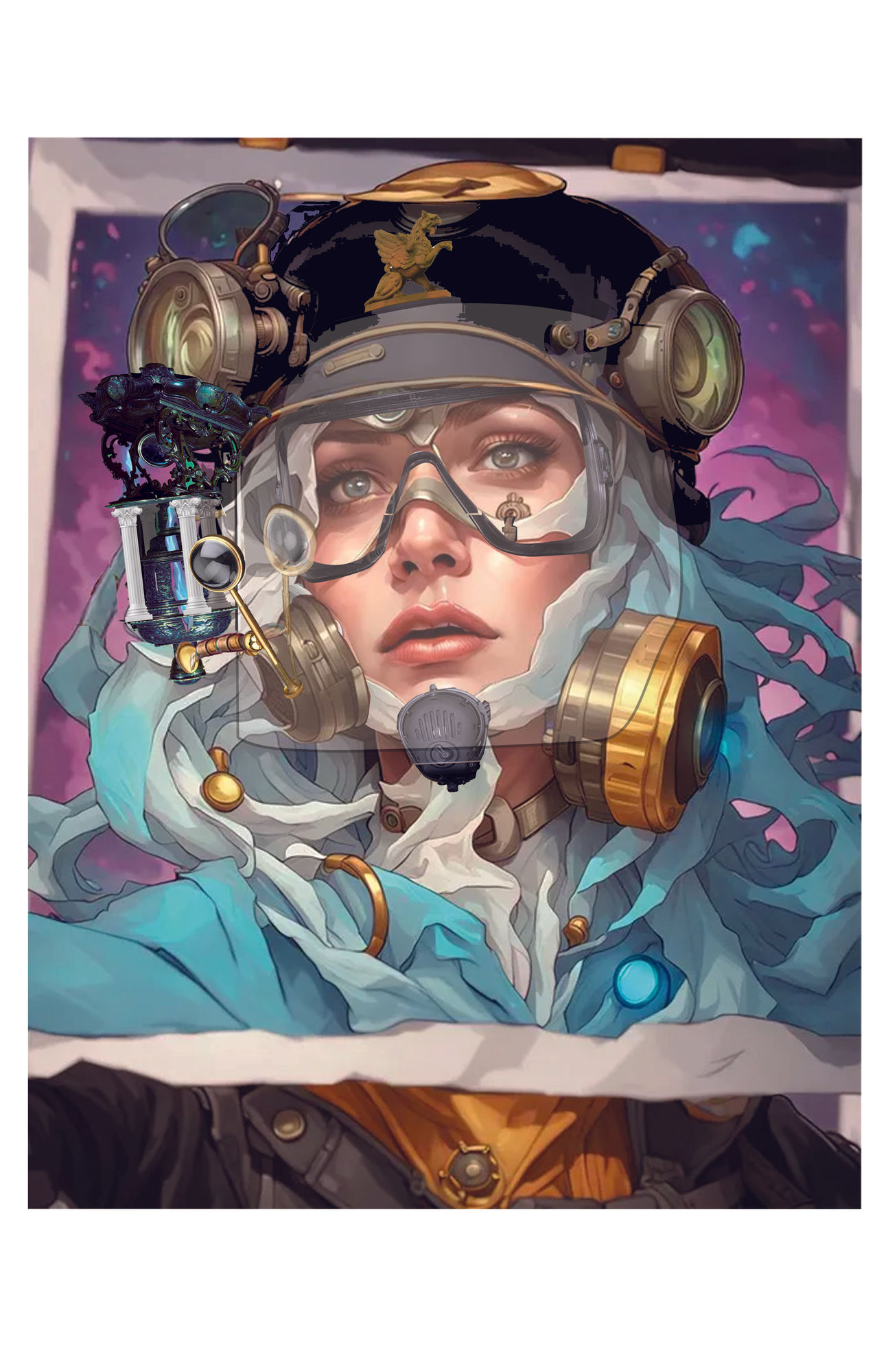 steampunk influenced portait of a female tartarian guerrilla with antiquetech helmet complex 18th century atlas volumetric lighting oil on c...