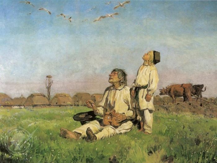 Oktoberfest scene. Both guys in typical Bavarian dresses guys are cheerfully drinking beer. Chełmoński oil painting.