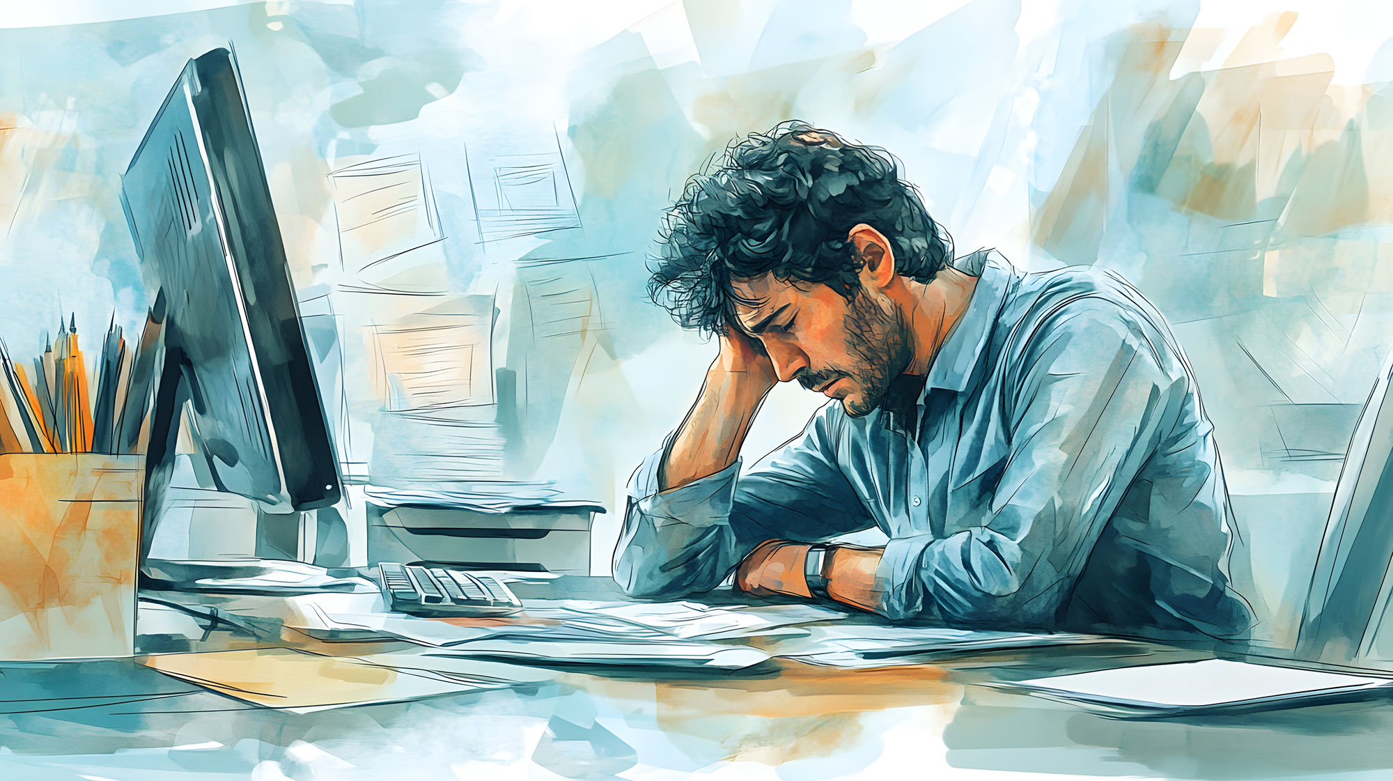 A businessman sitting at a clean office desk looking at his computer. He’s deeply focused. He has a thoughtful expression and a hand on his ...