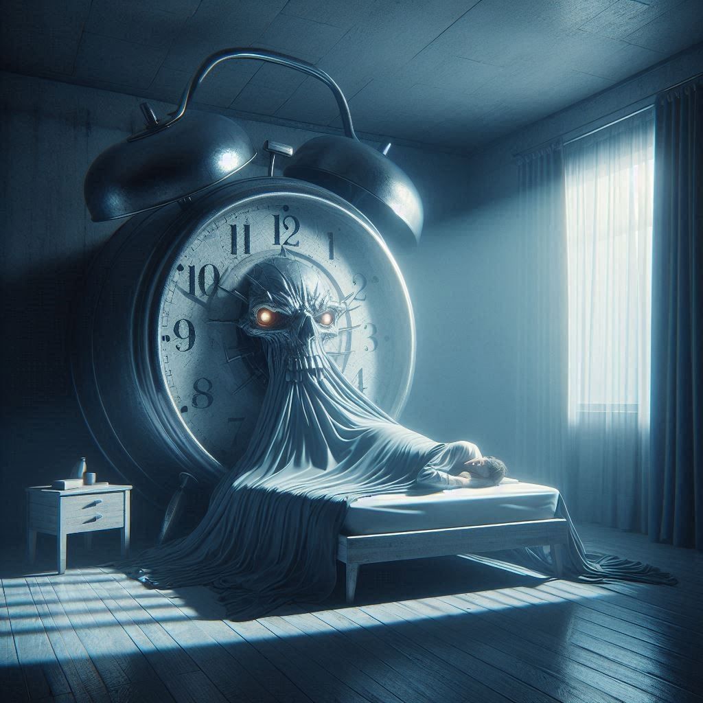 The Alarm Clock Tyrant. A bedroom frozen in time at 6:00 AM, with an oversized alarm clock looming over the bed like a mechanical monster. T...