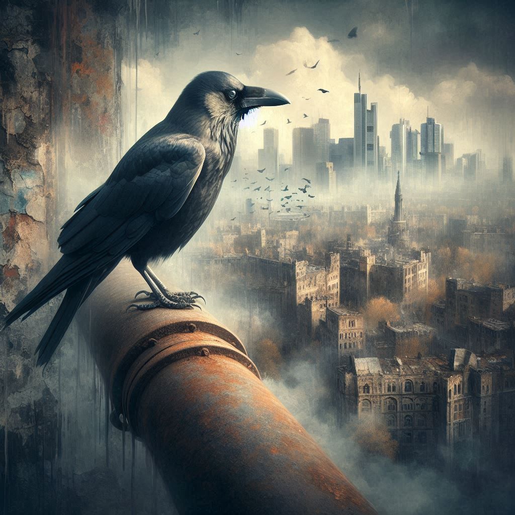 A solitary crow perched on a rusted, industrial pipe overlooking a foggy, abandoned city. The crow's eyes gleam with an inner, subtle magic....