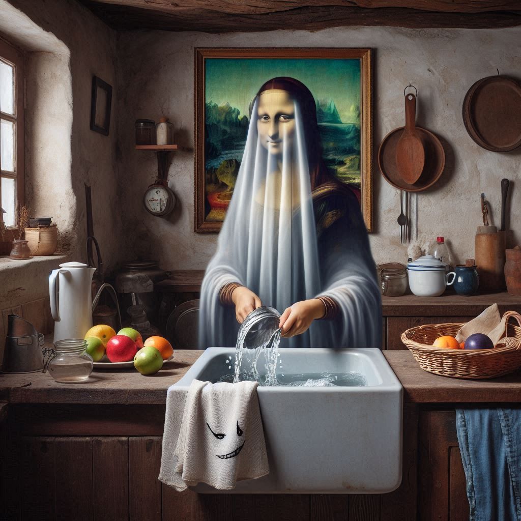 The ghost of Mona Lisa is doing the dishes