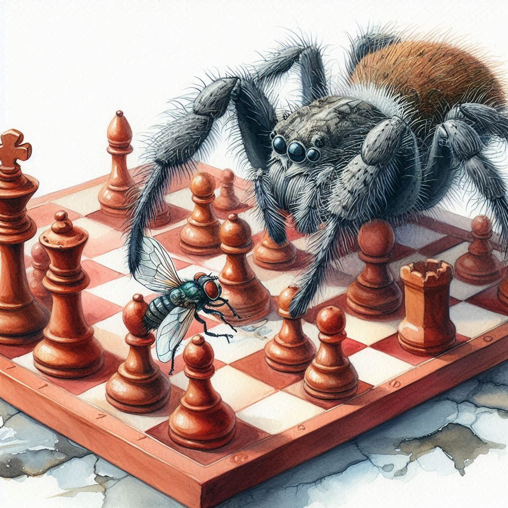 Unlikely duo. A spider playing chess with a fly. Watercolor