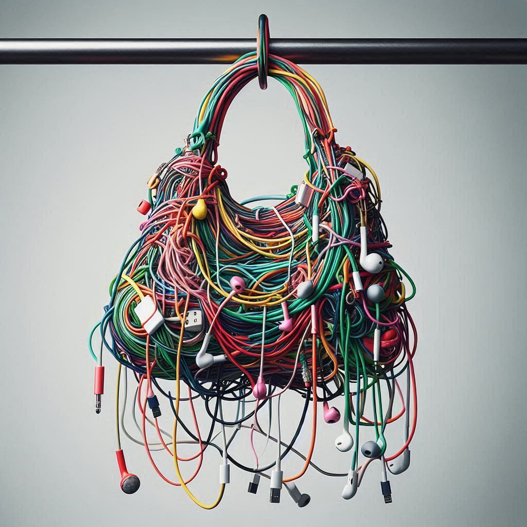 A handbag hanging from a hook, constructed completely from colorful tangled phone wires and charging cords, loops and knots creating texture...