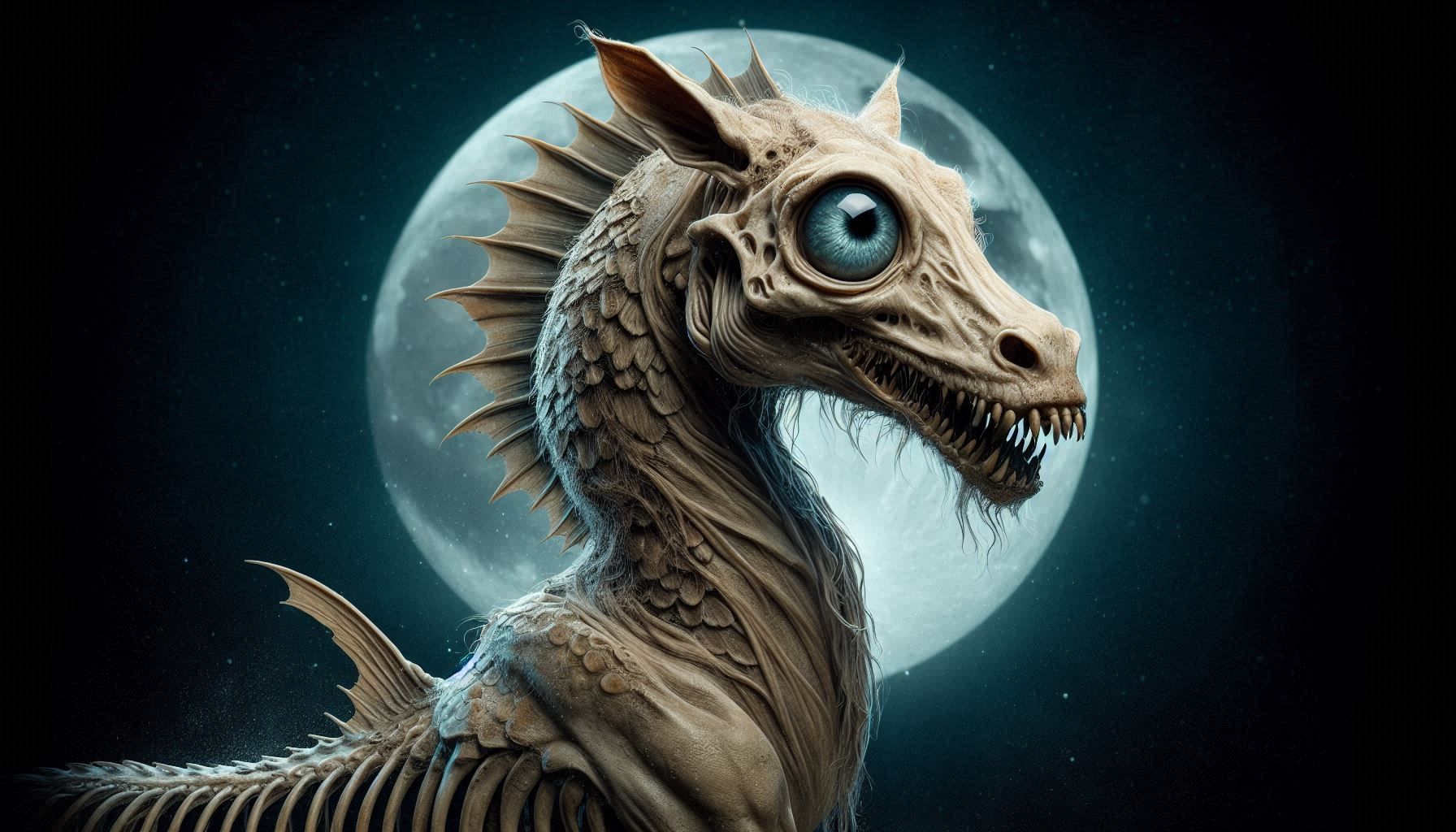 Equine watercreature with a canine mouth and  big blue eyes that looks extremely innocent,...