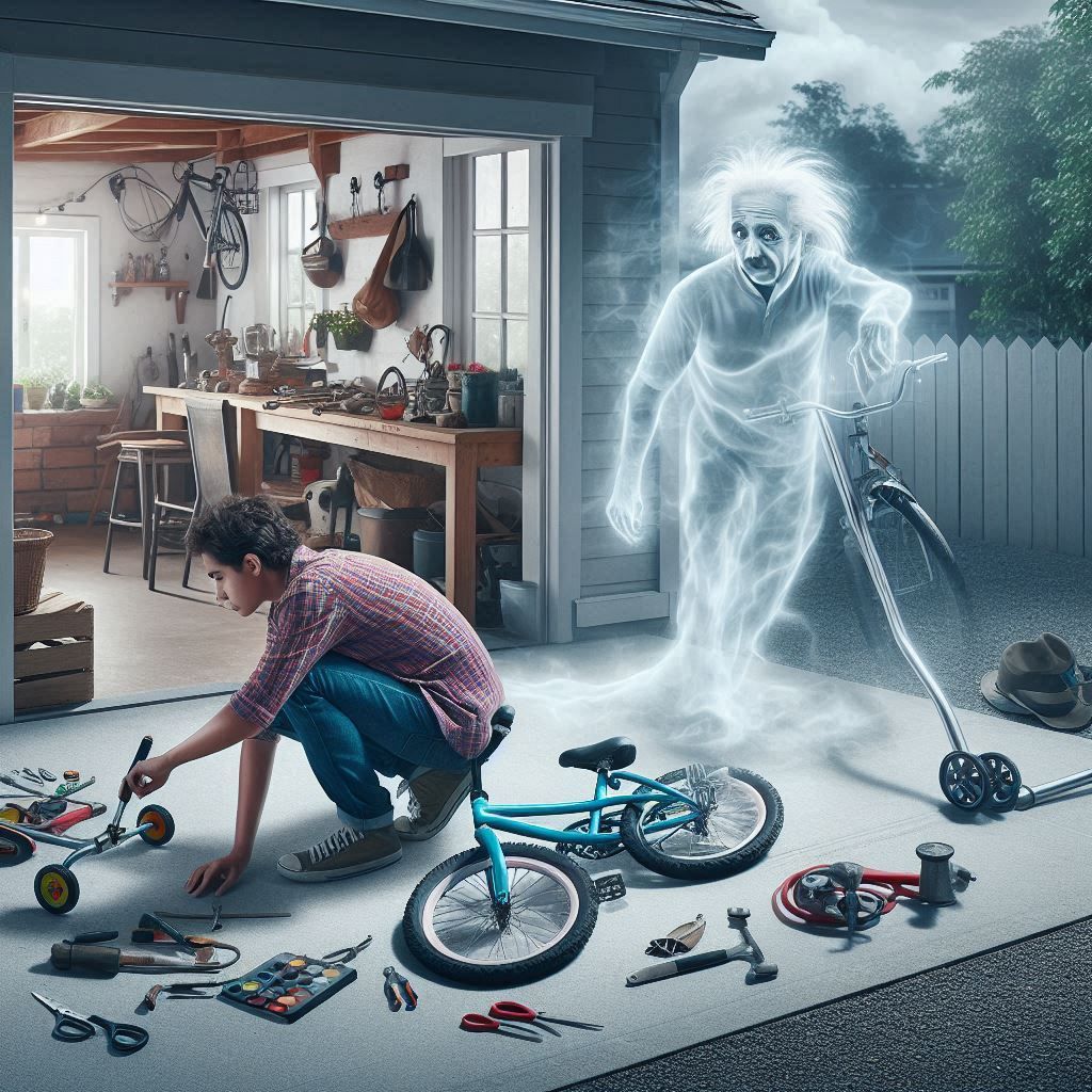 The ghost of Einstein is helping with fixing the bike
