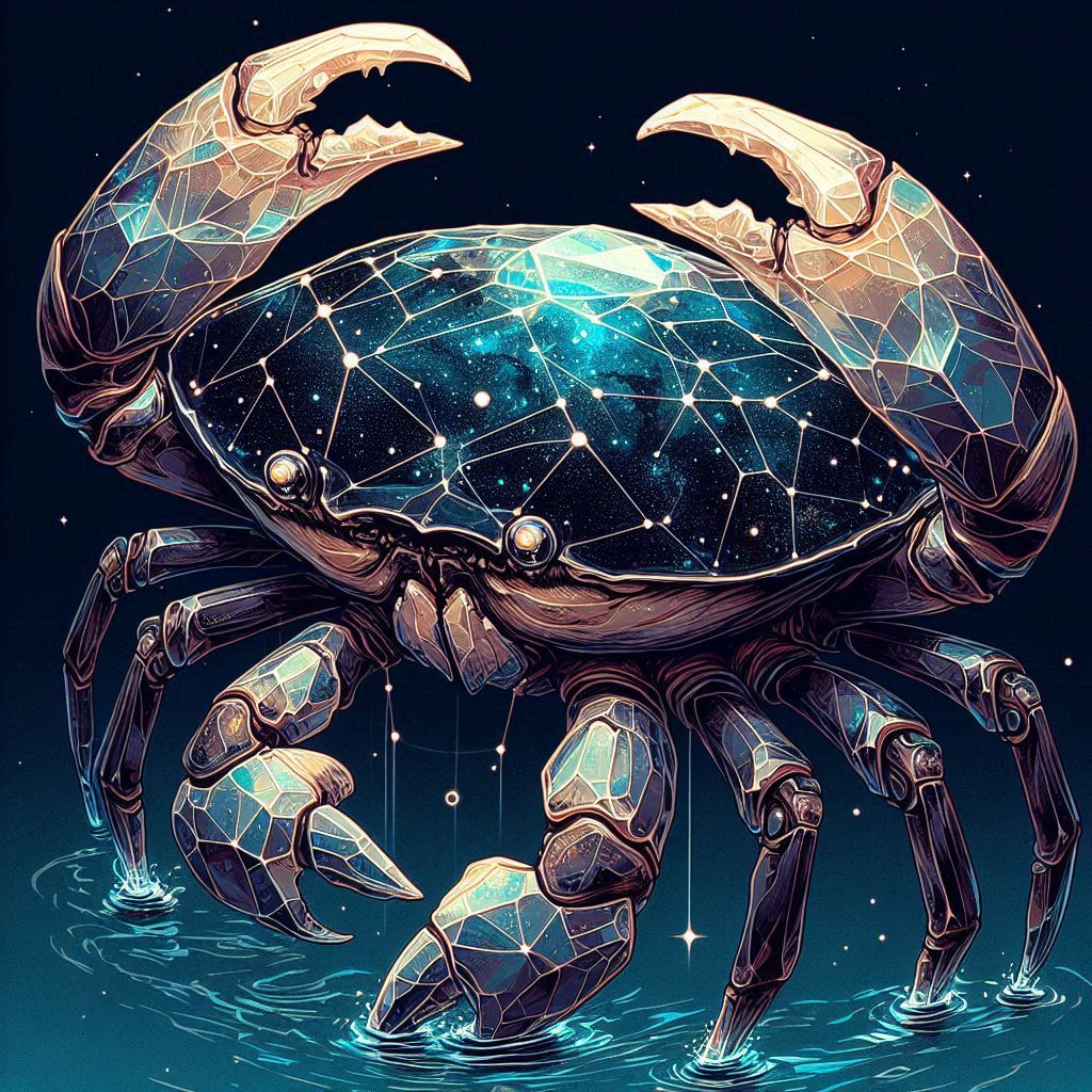 A crab-like being with a massive shell resembling a fragment of the night sky, constellations glowing faintly on its surface. Its claws are ...