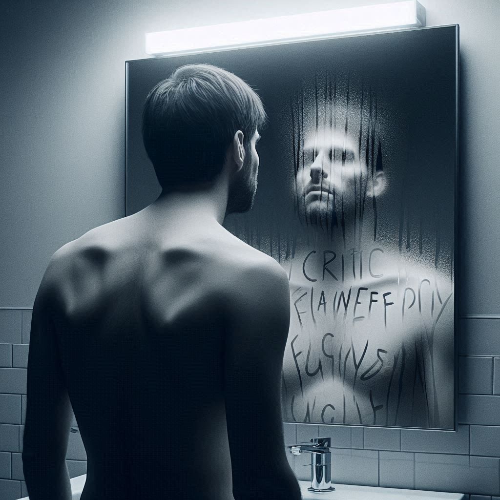 
The Mirror Critic. A person standing in front of a bathroom mirror, but the reflection is subtly distorted — exaggerated flaws, critical ex...