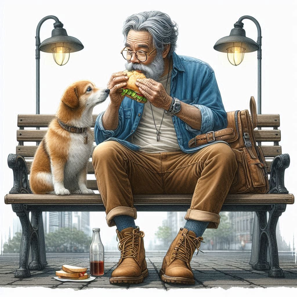 Sharing lunch, a man and a beagle on a bench