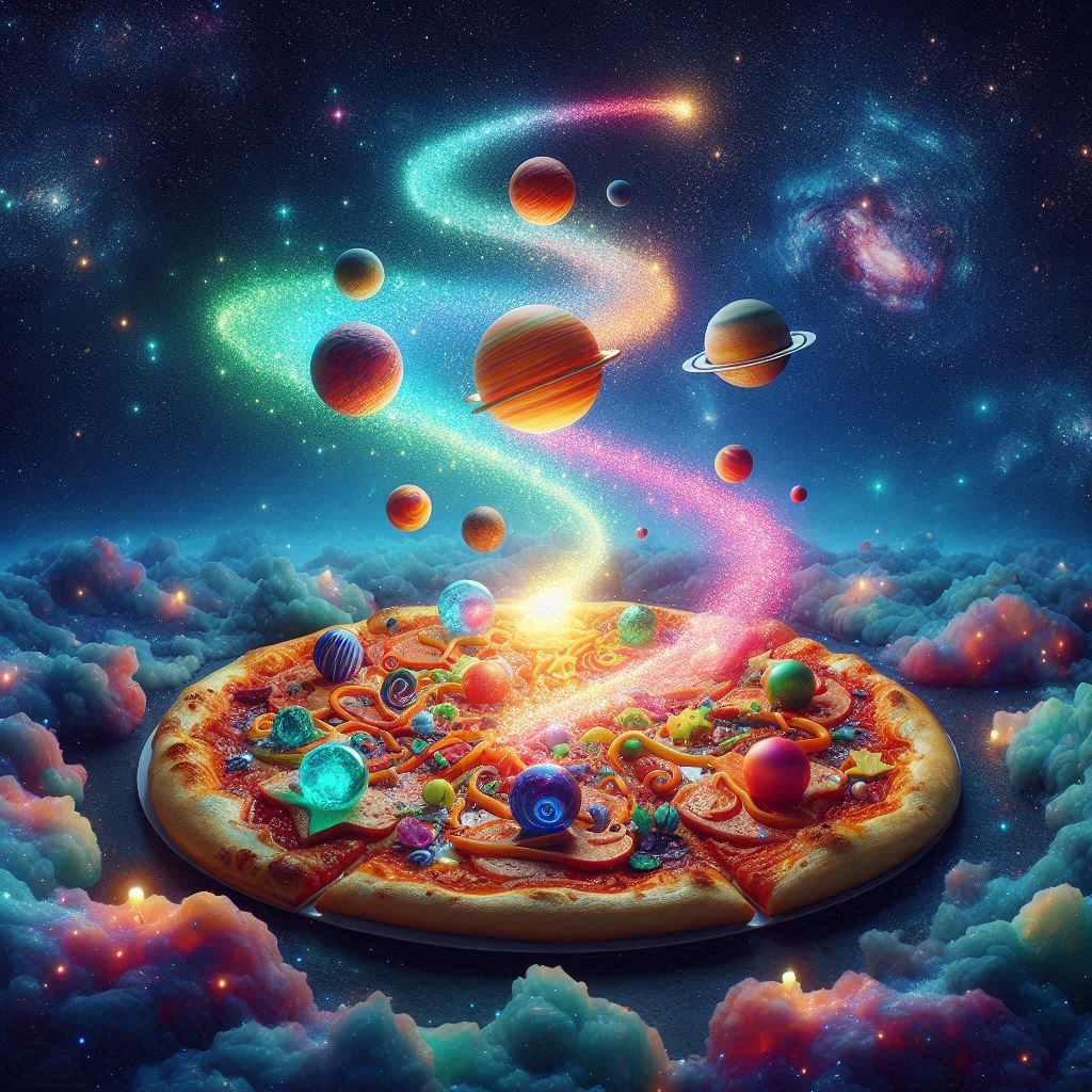  A glowing galaxy pizza with magical stars and planets swirling on top