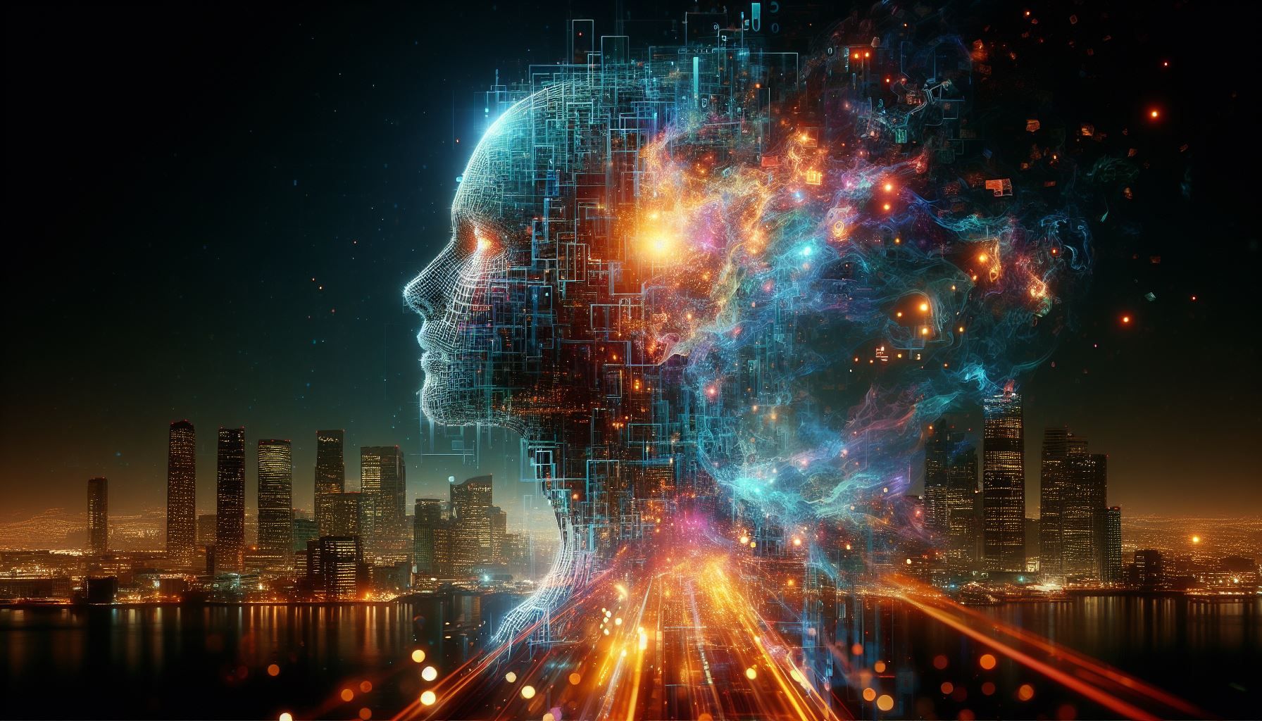 AI entity shaped like a digital phantom, made of shifting code and holographic, downloading history and memories 