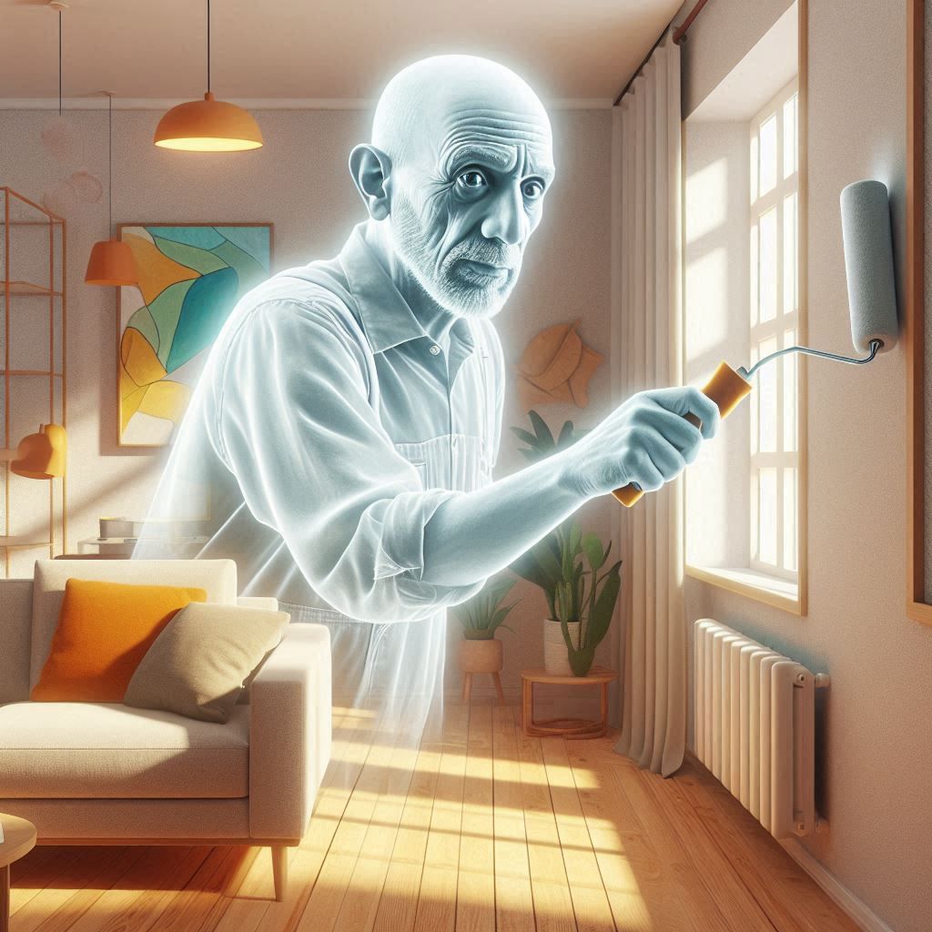 The ghost of Pablo Picasso in a modern living room. He looks like known photographs of Pablo Picasso in later life. He is calmly painting a ...