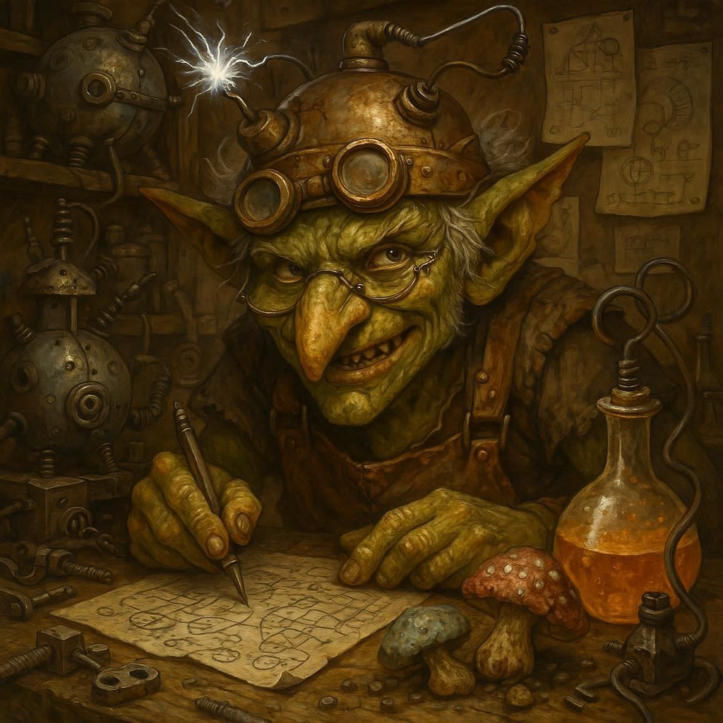 A detailed close-up of a goblin inventor’s workbench, cluttered with bizarre contraptions made of scrap metal, wires, explosive potions, hal...