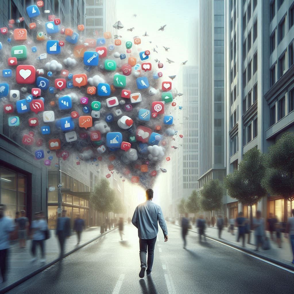 The Notification Swarm. A person walking through a city street, surrounded by floating app icons and notification bubbles that follow like a swarm of insects. The f...