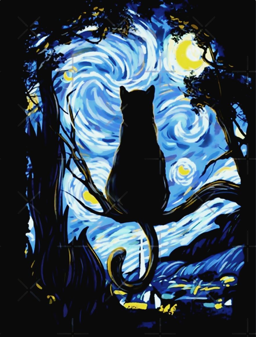 Create a whimsical, dreamy design of a black cat sitting on a tree branch, gazing at a swirling starry night sky, inspired by the style of V...