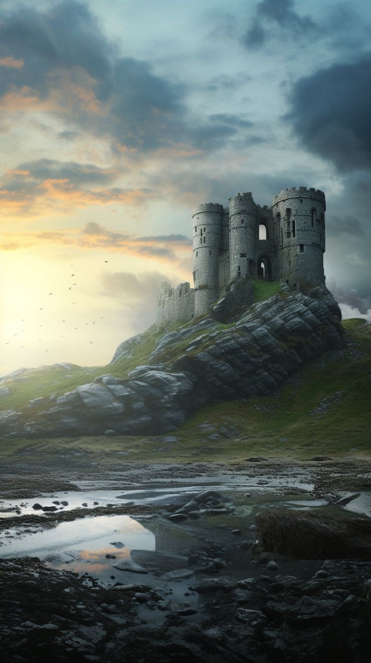 dark detailed reinassance painting of abandonned and destroyed rock castle covered by vegetation, behind a large field