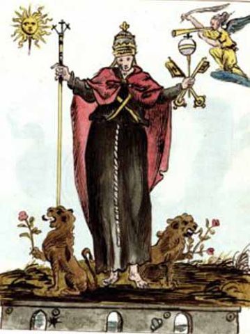 A man with keys and a staff stands on three pillars. Two lions with roses on the floor. The sun is in the upper left. An angel with a feathe...