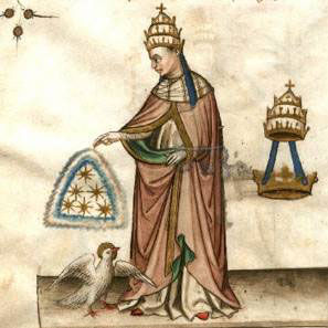 A man with a double crown beside him. Holy dove below at his feet. Six or seven stars in a triangle.