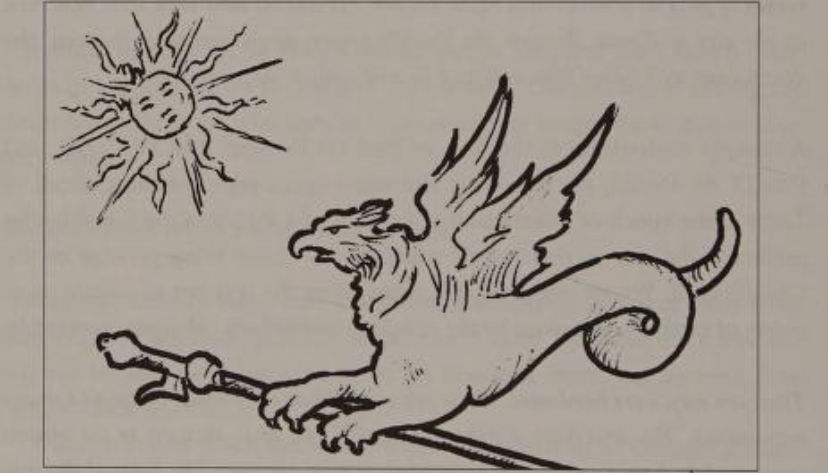 A strange creature with an eagle's beak and wings, a serpent's tail, near the Sun, and holds a staff in its paws.
