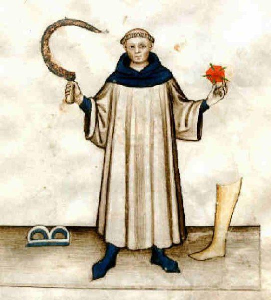 A monk with a sickle in his right hand and a rose in his left hand. On the ground is the letter "B" or two hills and a foot