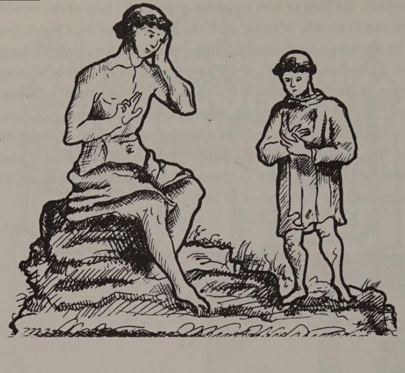 A man, wearing skirt-like underpants, sitting on a stone, blesses a respectful young monk.