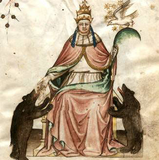 A man on a throne with a green feather in his left hand is feeding cubs of bears. Above the father's left hand is a white bird surrounded by...