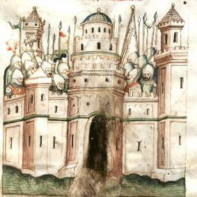 An army of knights standing peacefully in a city, or a siege of a city