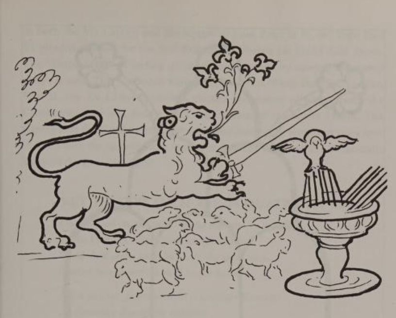 A lion with a sword in his paws and a bunch of lilies in his mouth is herding a flock of sheep in front of a bowl from which a bird flies ou...