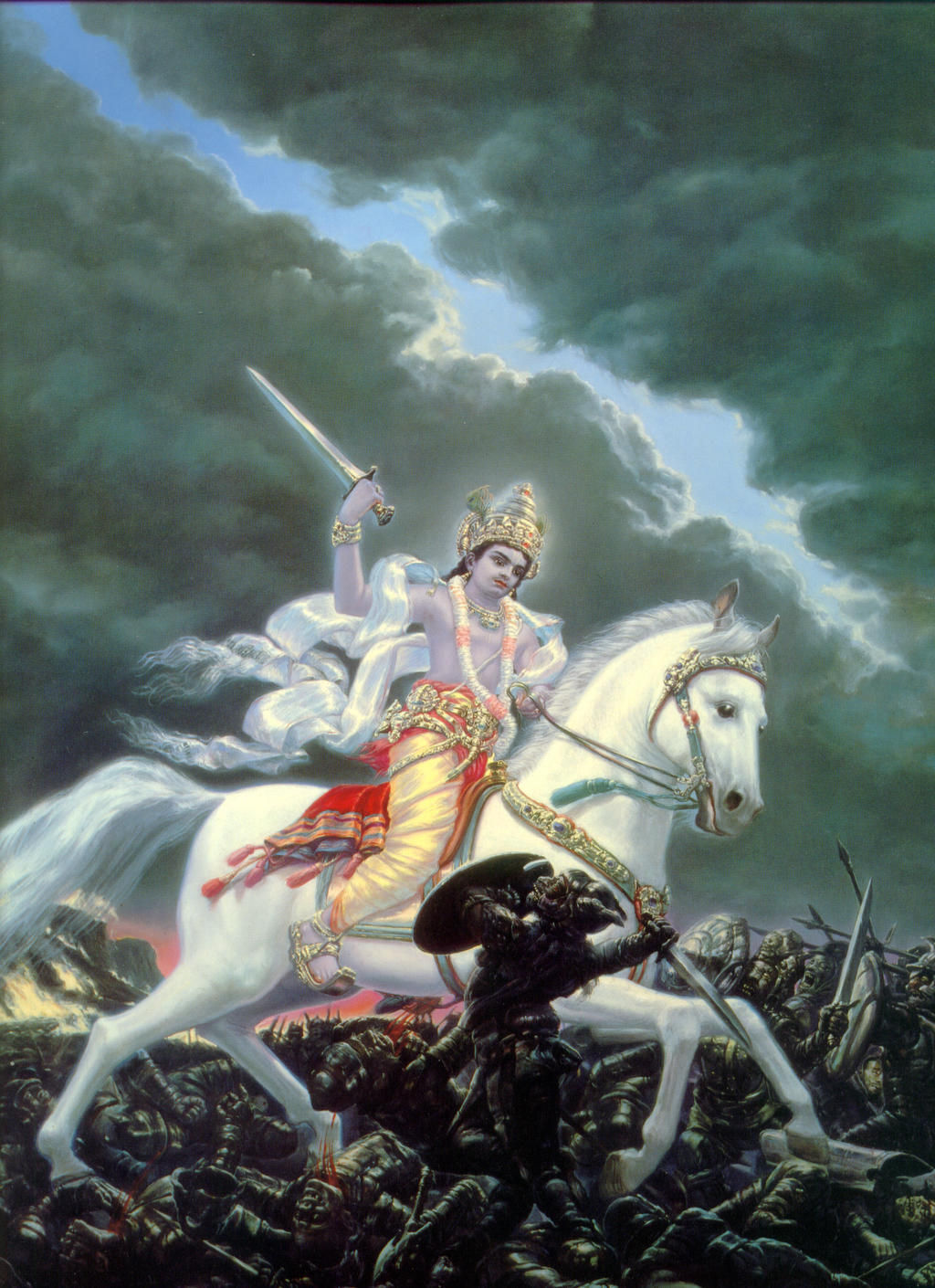A Blue skinned man with sword on a white horse fighting demons 
