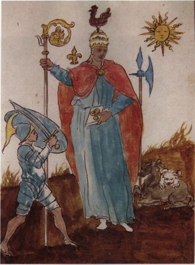 Man with a rooster on his head in a field next to a lying animal deer and dog and a soldier. Above the man’s shoulder is a golden Bourbon li...